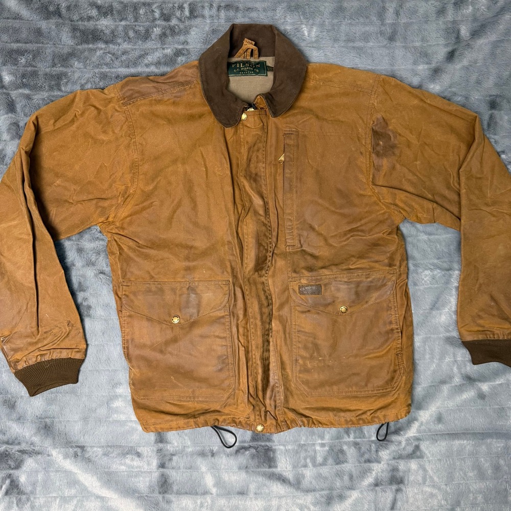 Filson Tin Cloth Waxed Cotton Field Jacket Mens Large Tan Brown Made in USA L